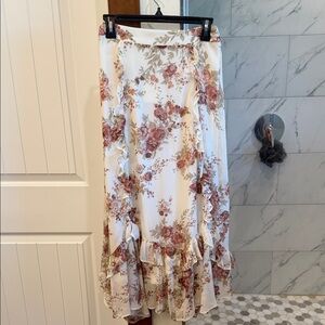 Altar’d State Floral Ruffle Midi Skirt - Cream and Pink